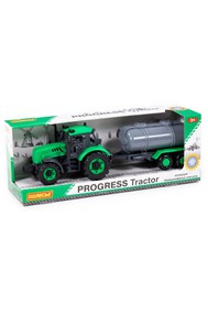 Трактор Прогресс с прицепом-цистерной инерционный (зелёный) (в коробке)