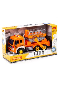 Сити, автомобиль с подъёмником инерционный (со светом и звуком) (оранжевый) (в коробке)