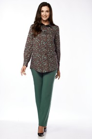 Модель 1343 кофейная блузка + зеленые брюки LUCKY FOX