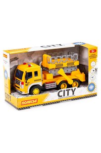 Сити, автомобиль с подъёмником инерционный (со светом и звуком) (жёлтый) (в коробке)