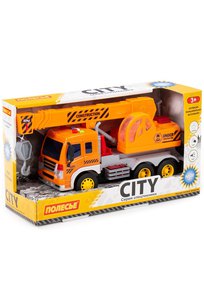 Сити, автомобиль-кран инерционный (со светом и звуком) (оранжевый) (в коробке)