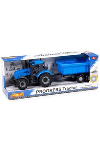 Трактор Прогресс с прицепом инерционный (синий) (в коробке)