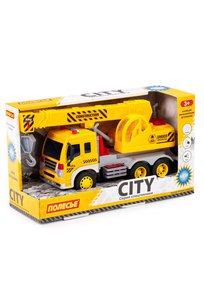 Сити, автомобиль-кран инерционный (со светом и звуком) (жёлтый) (в коробке)