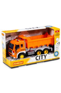 Сити, автомобиль-самосвал инерционный (со светом и звуком) (оранжевый) (в коробке)